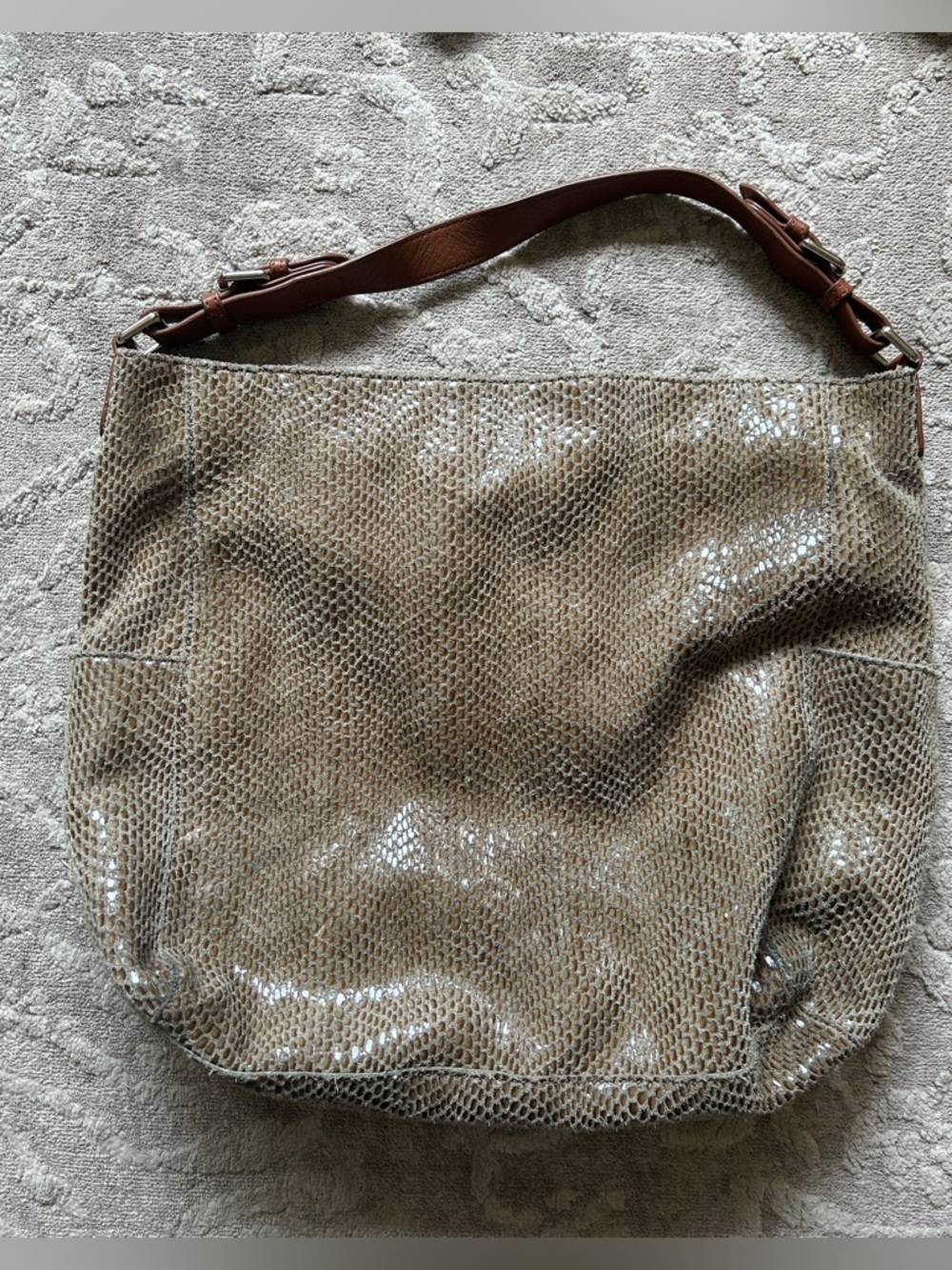 SORIAL Rubina Grey Taupe Snakeskin Embossed Lg Top Handle Tote Purse 13”Hx17”L